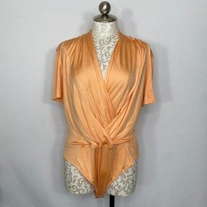 Escada Bodysuit Women's Size 42 Orange 100% Silk Wrapover-Neck Short Sleeve